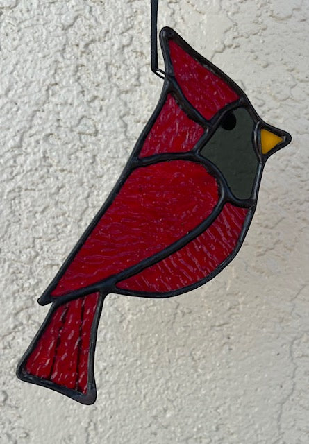 Stained Glass Cardinal Suncatcher – Memorial Sympathy Gift, Red Cardinal with Black Patina, Yellow Beak, Handmade in USA, Cardinal Window Decor