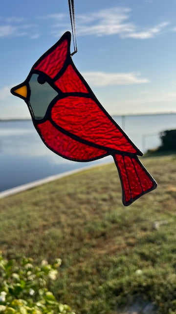 Stained Glass Cardinal Suncatcher – Memorial Sympathy Gift, Red Cardinal with Black Patina, Yellow Beak, Handmade in USA, Cardinal Window Decor