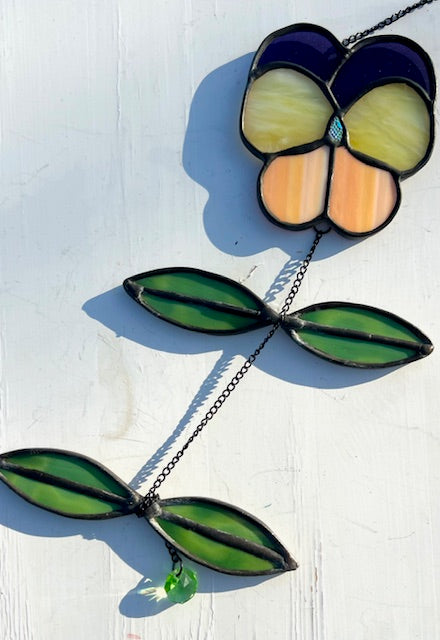 Stained Glass Pansy Suncatcher – Yellow & Purple Flower with Dichroic Center, Hanging Chain Leaves, Black Patina, Handmade USA Floral Window Art