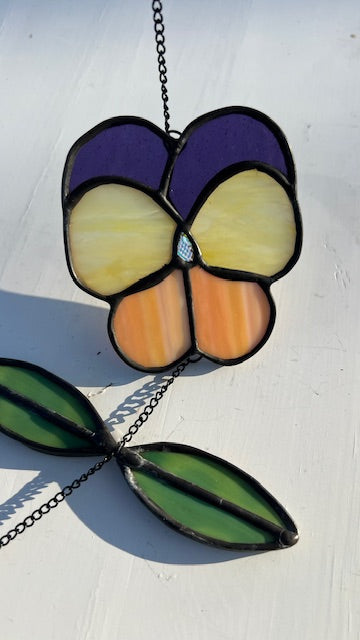 Stained Glass Pansy Suncatcher – Yellow & Purple Flower with Dichroic Center, Hanging Chain Leaves, Black Patina, Handmade USA Floral Window Art