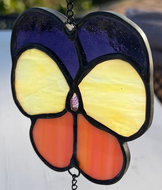 Stained Glass Pansy Suncatcher – Yellow & Purple Flower with Dichroic Center, Hanging Chain Leaves, Black Patina, Handmade USA Floral Window Art