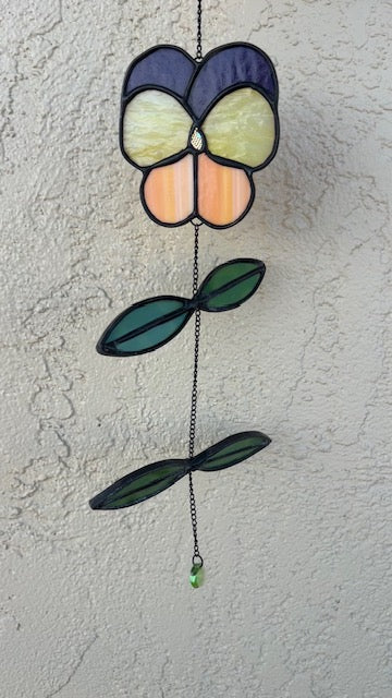 Stained Glass Pansy Suncatcher – Yellow & Purple Flower with Dichroic Center, Hanging Chain Leaves, Black Patina, Handmade USA Floral Window Art