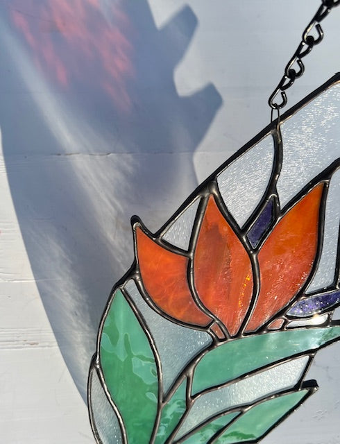Tear Drop Stained Glass Suncatcher – Bird of Paradise Flower, Orange & Purple Botanical Art, Clear Textured Glass, Black Patina, Handmade USA