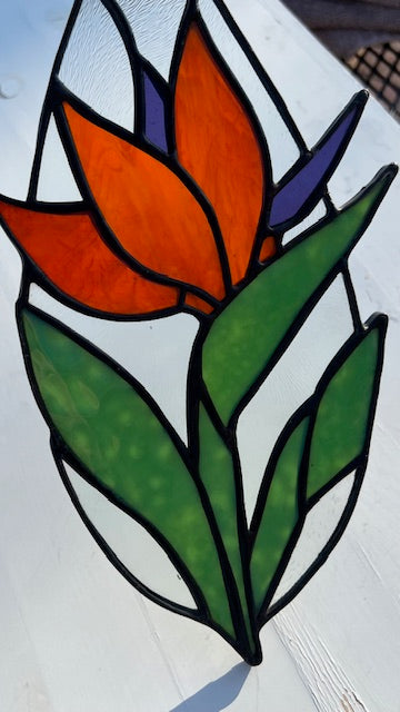 Tear Drop Stained Glass Suncatcher – Bird of Paradise Flower, Orange & Purple Botanical Art, Clear Textured Glass, Black Patina, Handmade USA