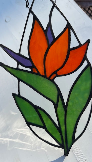 Tear Drop Stained Glass Suncatcher – Bird of Paradise Flower, Orange & Purple Botanical Art, Clear Textured Glass, Black Patina, Handmade USA