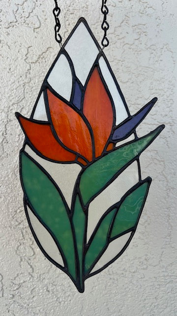 Tear Drop Stained Glass Suncatcher – Bird of Paradise Flower, Orange & Purple Botanical Art, Clear Textured Glass, Black Patina, Handmade USA
