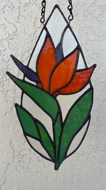 Tear Drop Stained Glass Suncatcher – Bird of Paradise Flower, Orange & Purple Botanical Art, Clear Textured Glass, Black Patina, Handmade USA