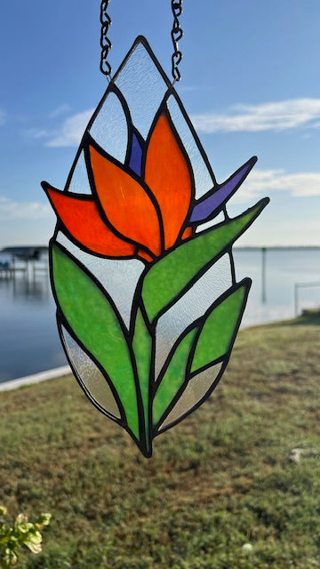 Tear Drop Stained Glass Suncatcher – Bird of Paradise Flower, Orange & Purple Botanical Art, Clear Textured Glass, Black Patina, Handmade USA