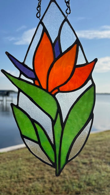 Tear Drop Stained Glass Suncatcher – Bird of Paradise Flower, Orange & Purple Botanical Art, Clear Textured Glass, Black Patina, Handmade USA