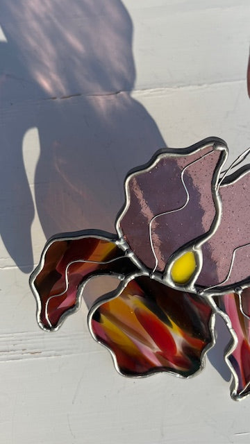 Stained Glass Iris Suncatcher – Light Purple & Multicolor Handblown Glass Flower, Yellow Red Purple Accents, Silver Solder Finish, Handmade USA