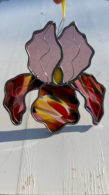 Stained Glass Iris Suncatcher – Light Purple & Multicolor Handblown Glass Flower, Yellow Red Purple Accents, Silver Solder Finish, Handmade USA