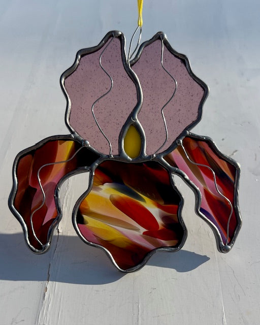 Stained Glass Iris Suncatcher – Light Purple & Multicolor Handblown Glass Flower, Yellow Red Purple Accents, Silver Solder Finish, Handmade USA