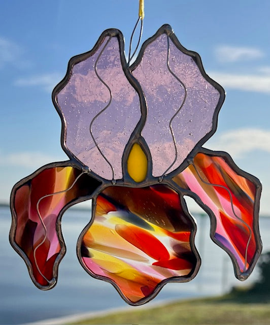 Stained Glass Iris Suncatcher – Light Purple & Multicolor Handblown Glass Flower, Yellow Red Purple Accents, Silver Solder Finish, Handmade USA