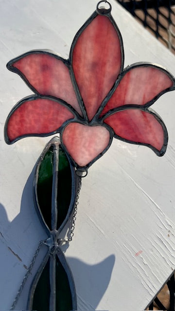 Stained Glass Pink Tiger Lily Suncatcher – Wire Detail Center, Green Leaves, Silver Finish, Elegant Floral Window Art, Handmade USA