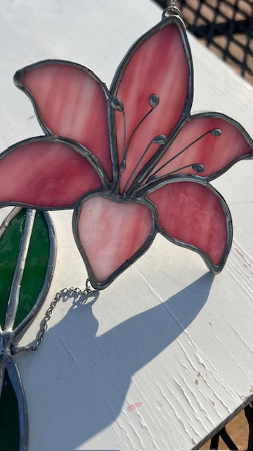 Stained Glass Pink Tiger Lily Suncatcher – Wire Detail Center, Green Leaves, Silver Finish, Elegant Floral Window Art, Handmade USA
