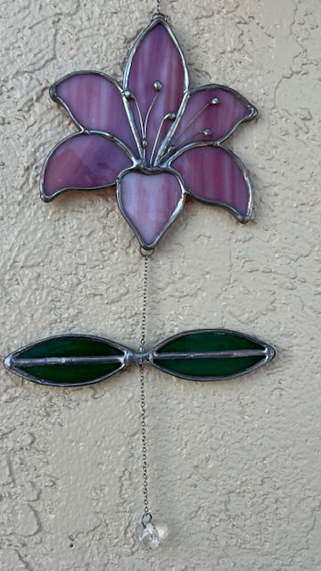 Stained Glass Pink Tiger Lily Suncatcher – Wire Detail Center, Green Leaves, Silver Finish, Elegant Floral Window Art, Handmade USA