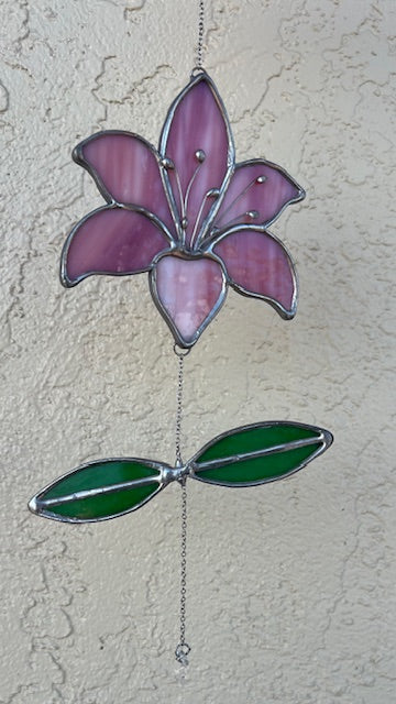 Stained Glass Pink Tiger Lily Suncatcher – Wire Detail Center, Green Leaves, Silver Finish, Elegant Floral Window Art, Handmade USA