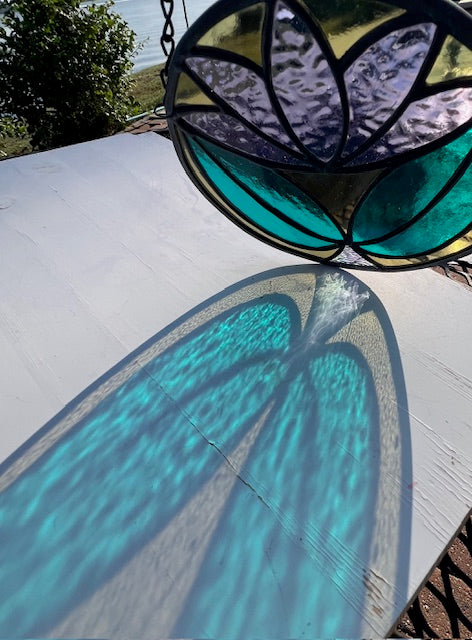 Art Deco Stained Glass Suncatcher – Round Lotus Style Flower, Olive Green Vintage Glass, Purple Center, Teal Leaves, Dichroic Accent, Handmade USA