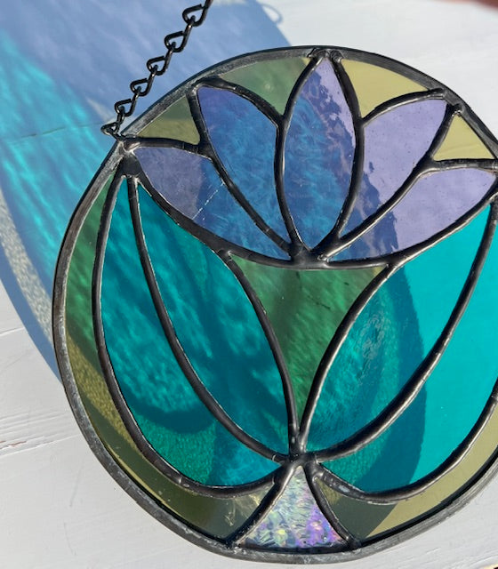 Art Deco Stained Glass Suncatcher – Round Lotus Style Flower, Olive Green Vintage Glass, Purple Center, Teal Leaves, Dichroic Accent, Handmade USA