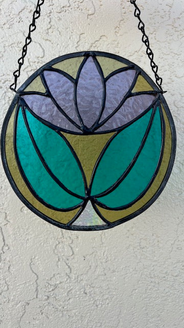 Art Deco Stained Glass Suncatcher – Round Lotus Style Flower, Olive Green Vintage Glass, Purple Center, Teal Leaves, Dichroic Accent, Handmade USA