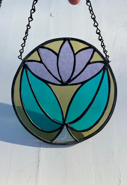 Art Deco Stained Glass Suncatcher – Round Lotus Style Flower, Olive Green Vintage Glass, Purple Center, Teal Leaves, Dichroic Accent, Handmade USA