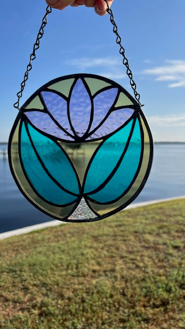 Art Deco Stained Glass Suncatcher – Round Lotus Style Flower, Olive Green Vintage Glass, Purple Center, Teal Leaves, Dichroic Accent, Handmade USA