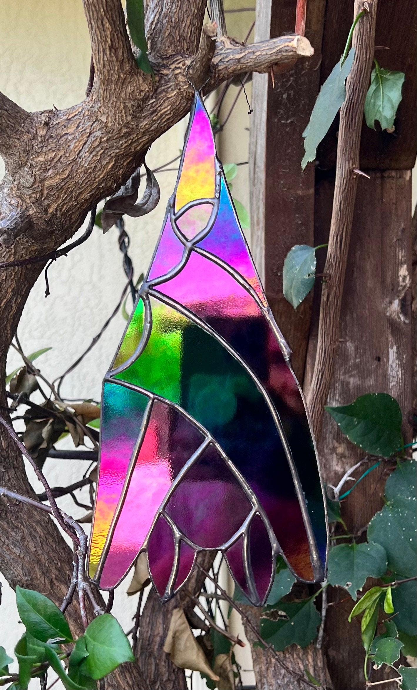 Rainbow Sleeping Hanging Bat - Iridized Reflective Glass Suncatcher